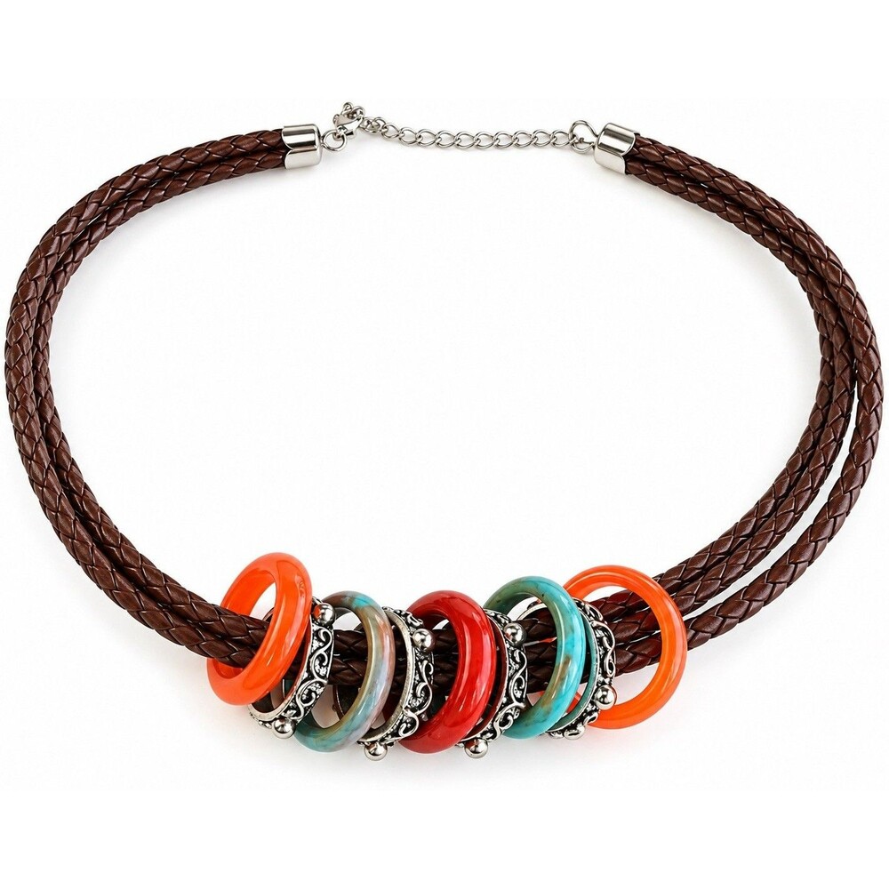 Boho Choker Necklace 16” Brown Braided Cord Multicolor Rings Filigree Statement